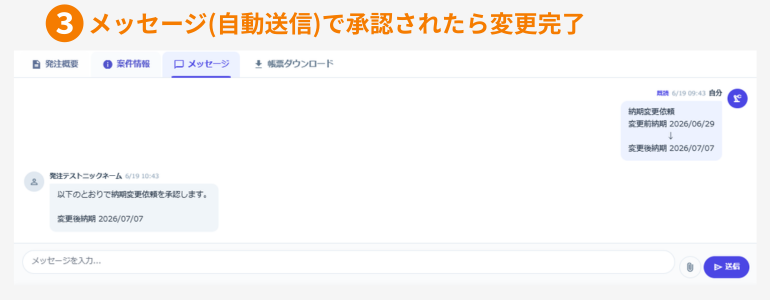 納期変更の承認メッセージ